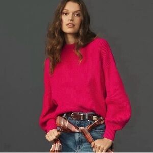ANTHROPOLOGIE MAEVE Pink Ribbed Knit Balloon Sleeve Crew Neck Sweater Sz. XL